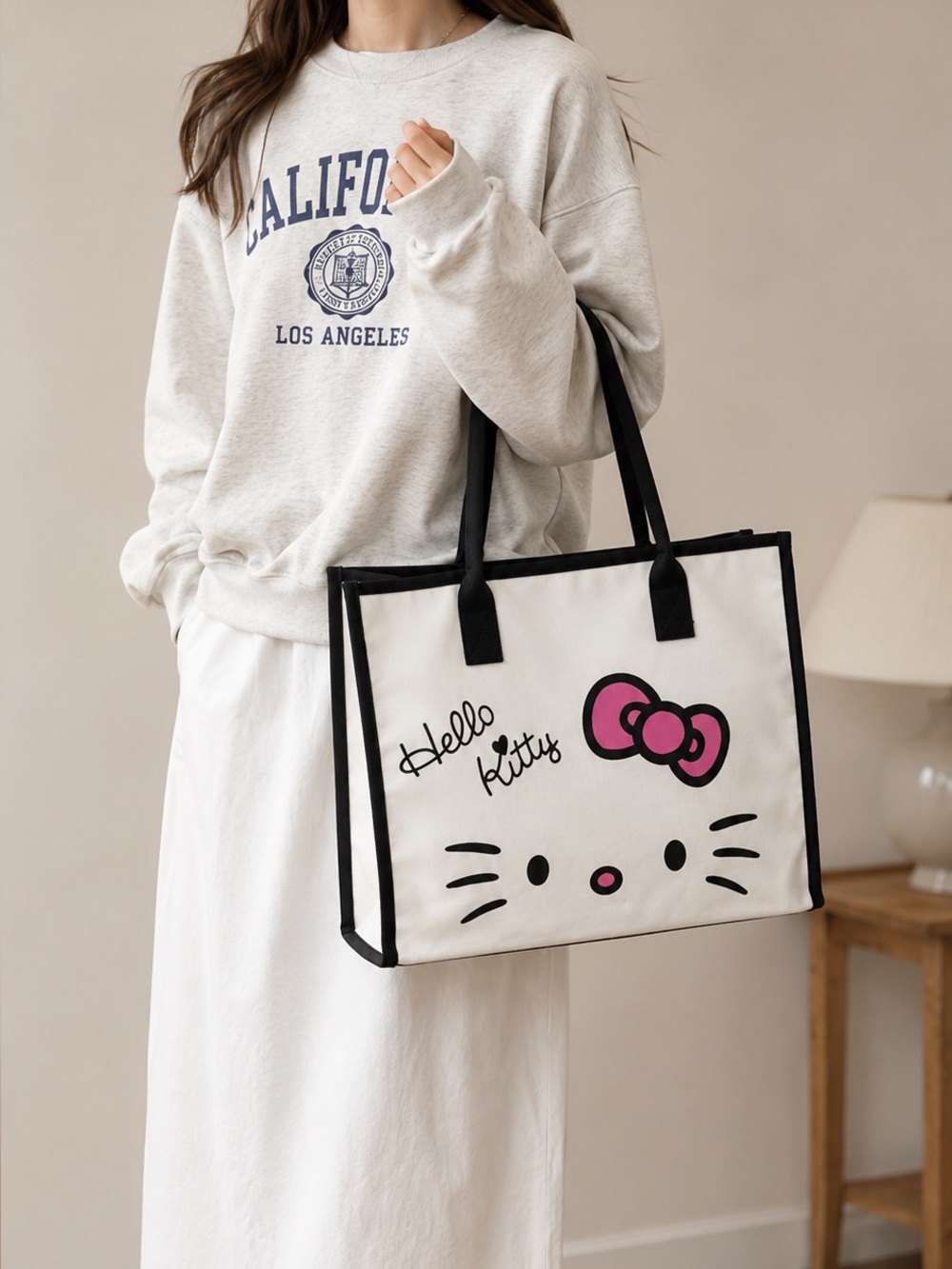 NIP Sanrio Hello Kitty Large Canvas Tote Bag Black Trim Pink Bow - Picture 3 of 6